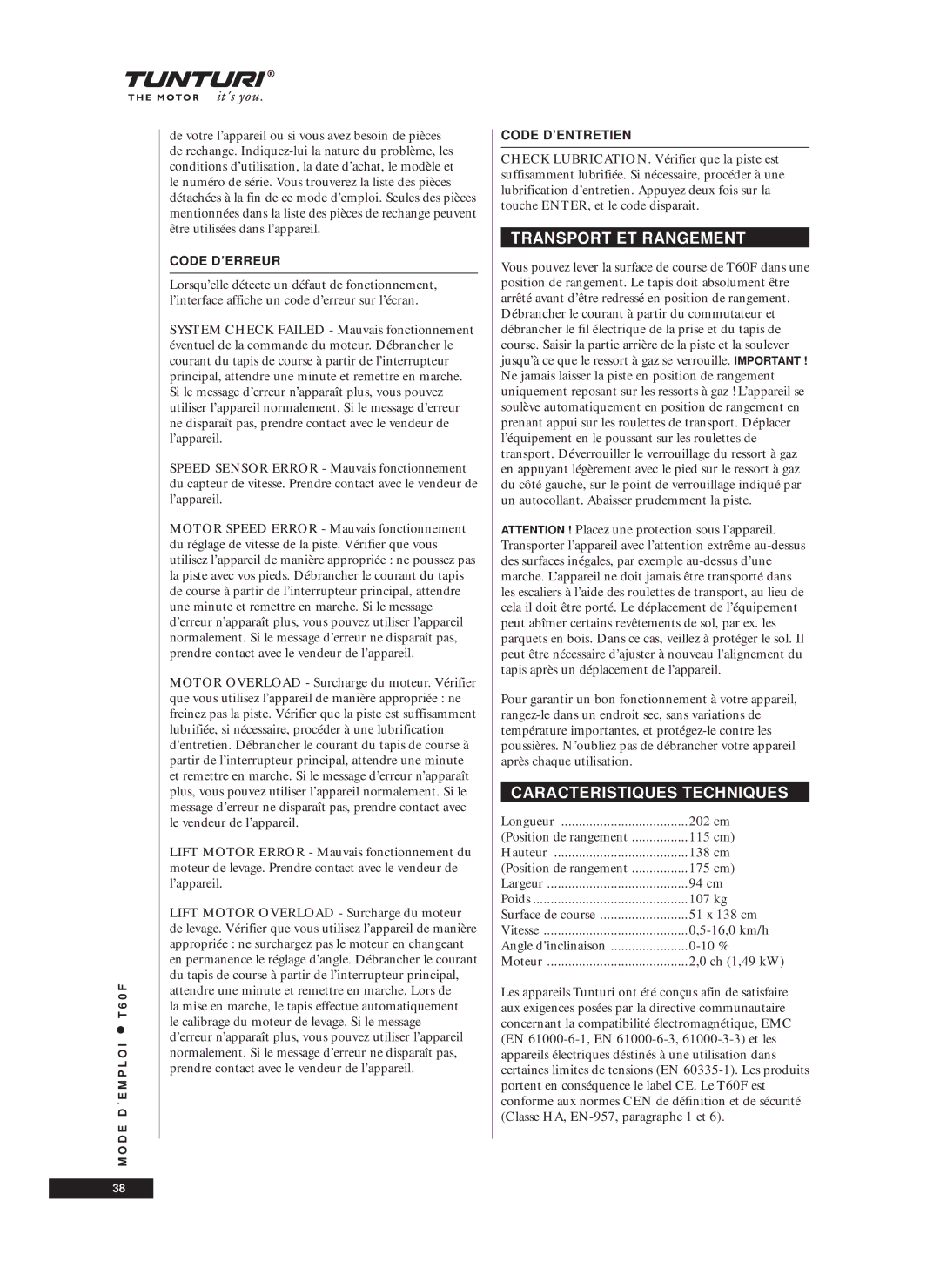 Tunturi T60F owner manual Transport ET Rangement, Caracteristiques Techniques, Code D’ERREUR, Code D’ENTRETIEN 