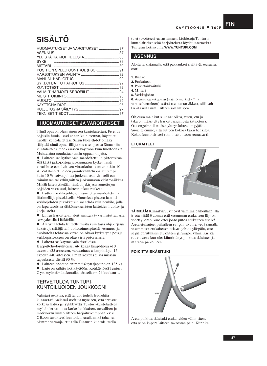 Tunturi T60F owner manual Huomautukset JA Varoitukset, Asennus, Etukaiteet, Poikittaiskäsituki 