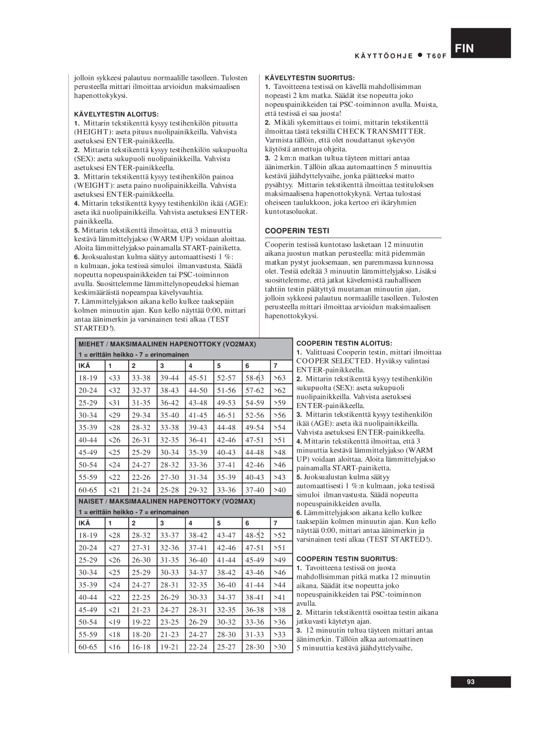 Tunturi T60F owner manual Juoksualustan kulma säätyy automaattisesti 1 %, Cooperin Testi 