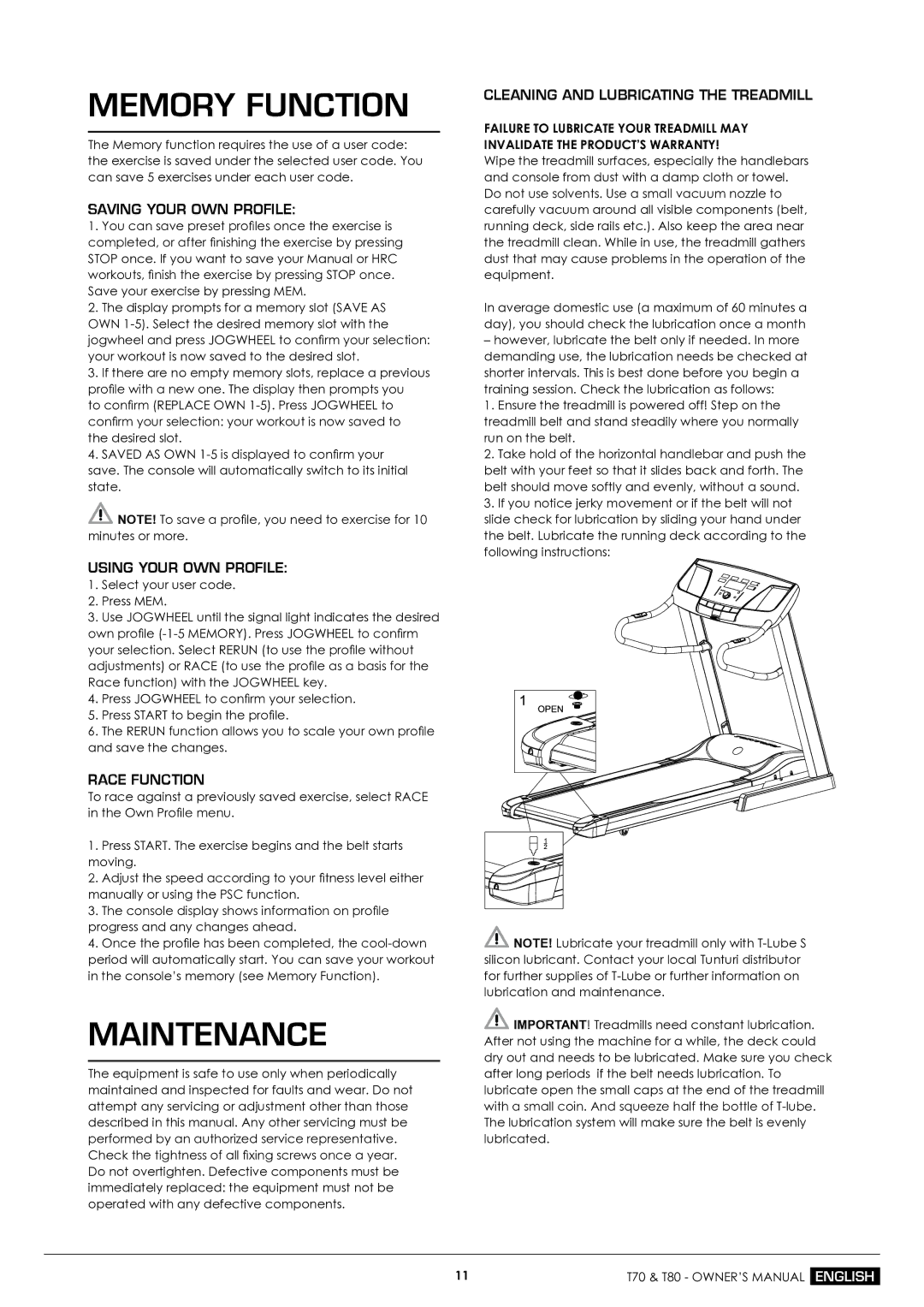 Tunturi T70 owner manual Memory Function, Maintenance 