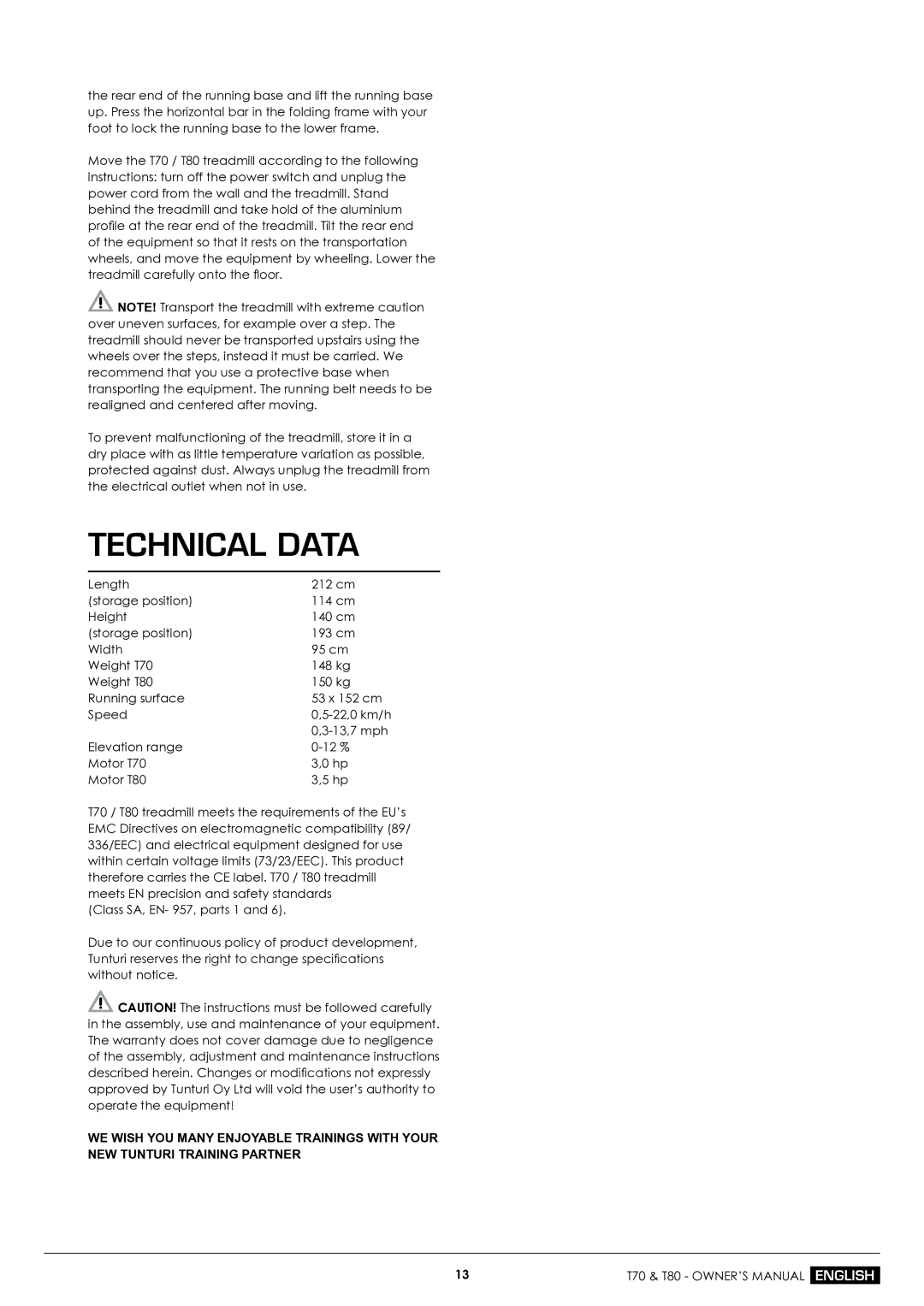 Tunturi T70 owner manual Technical Data, 13,7 mph 