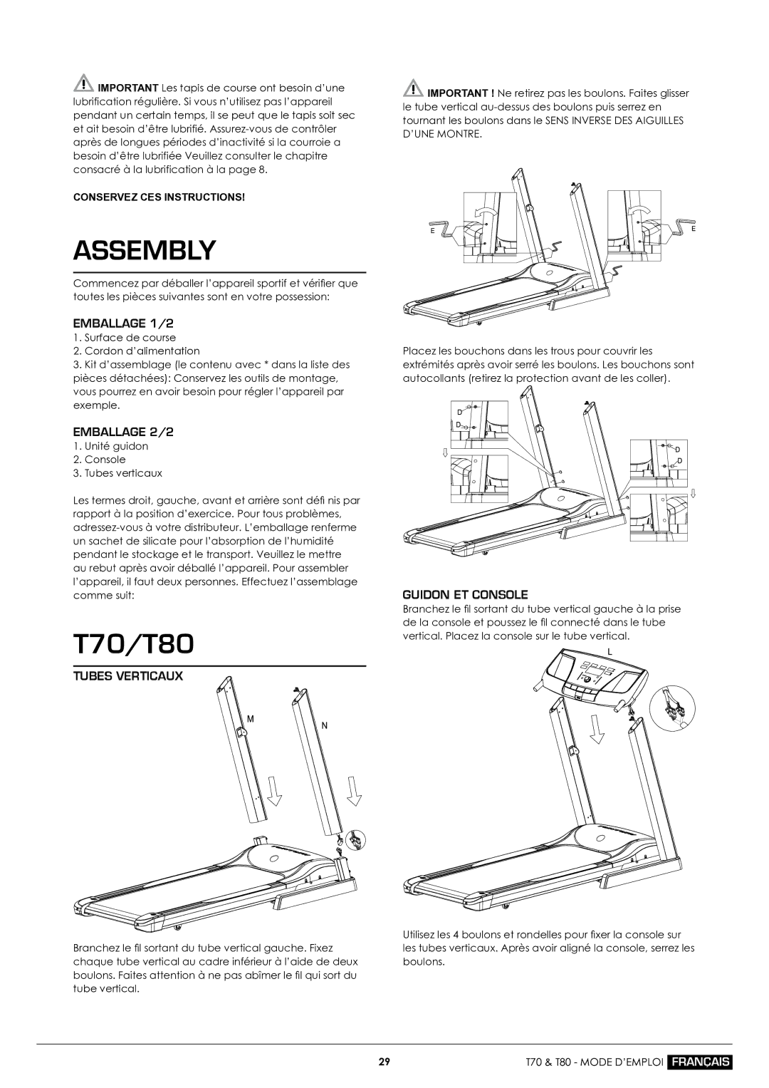 Tunturi T70 owner manual Emballage 1/2, Emballage 2/2, Tubes Verticaux, Guidon ET Console, Conservez CES Instructions 