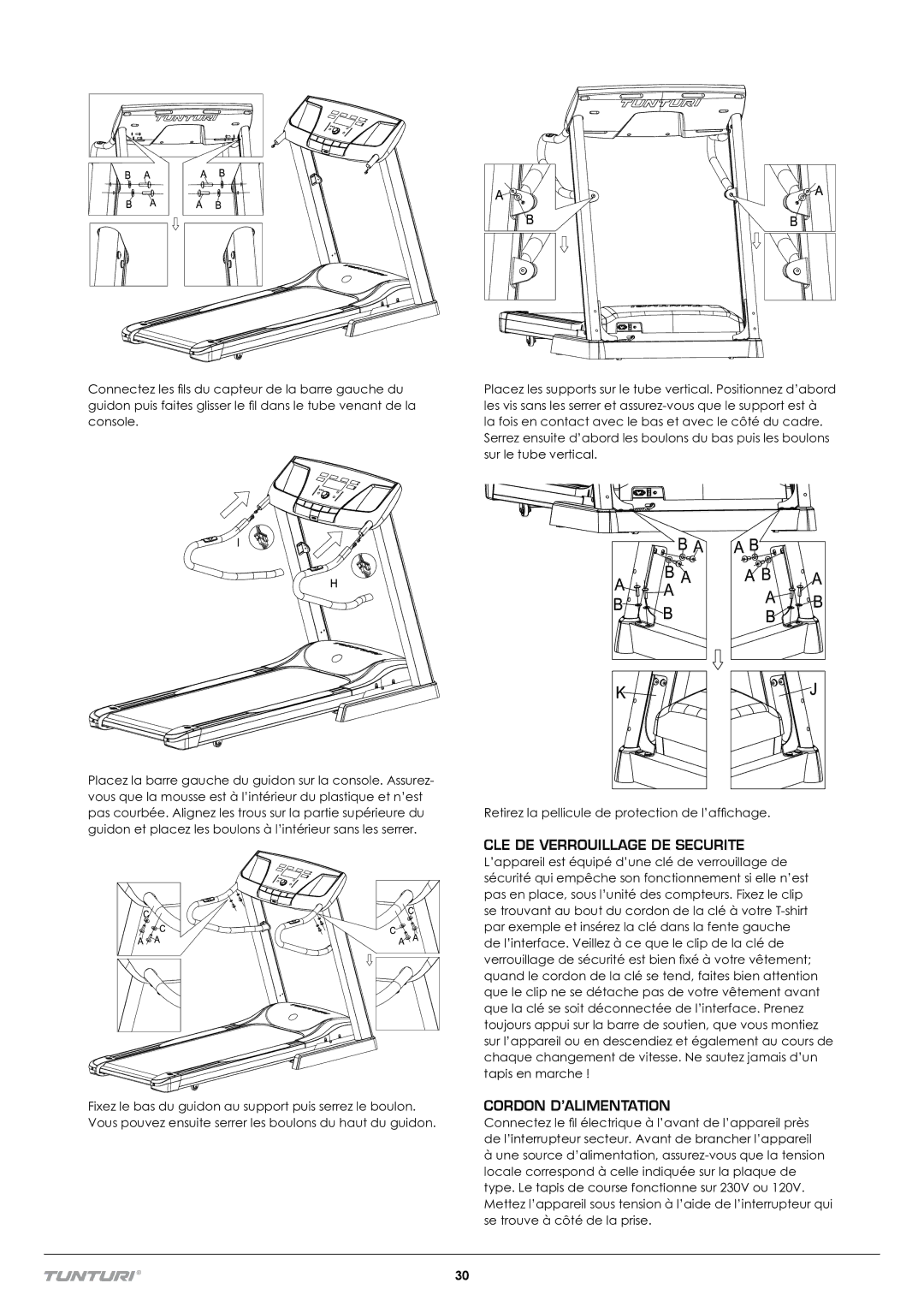 Tunturi T70 owner manual CLE DE Verrouillage DE Securite, Cordon D’ALIMENTATION 