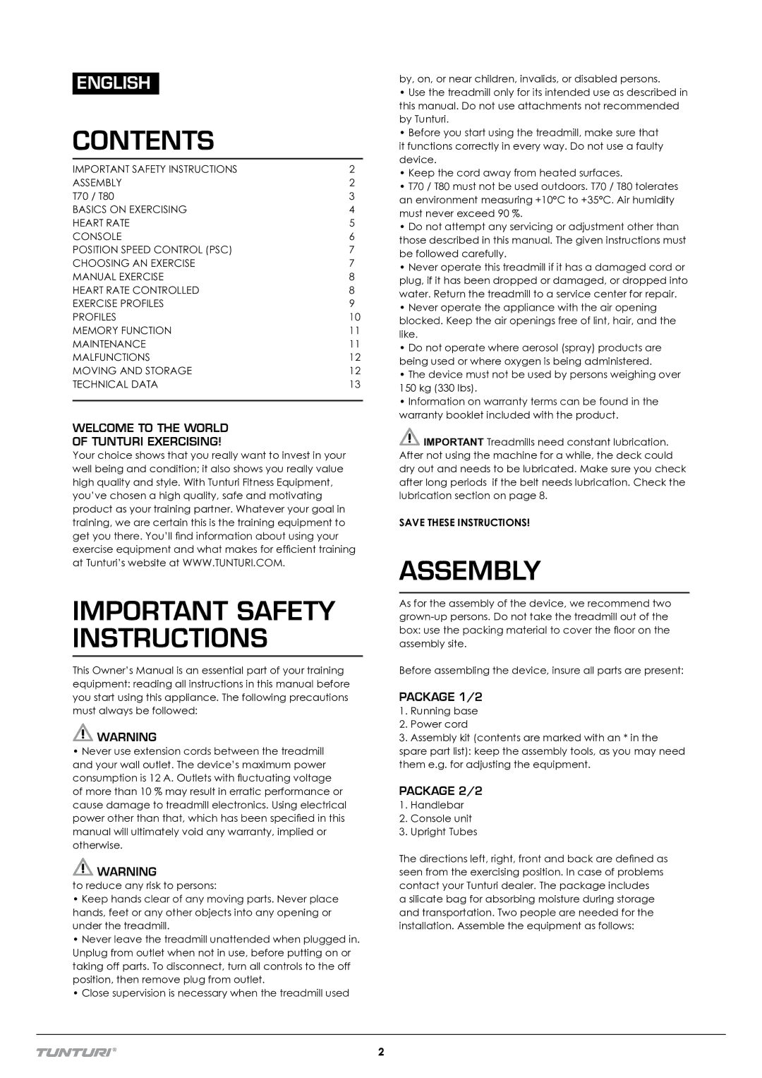 Tunturi T70 owner manual Contents 