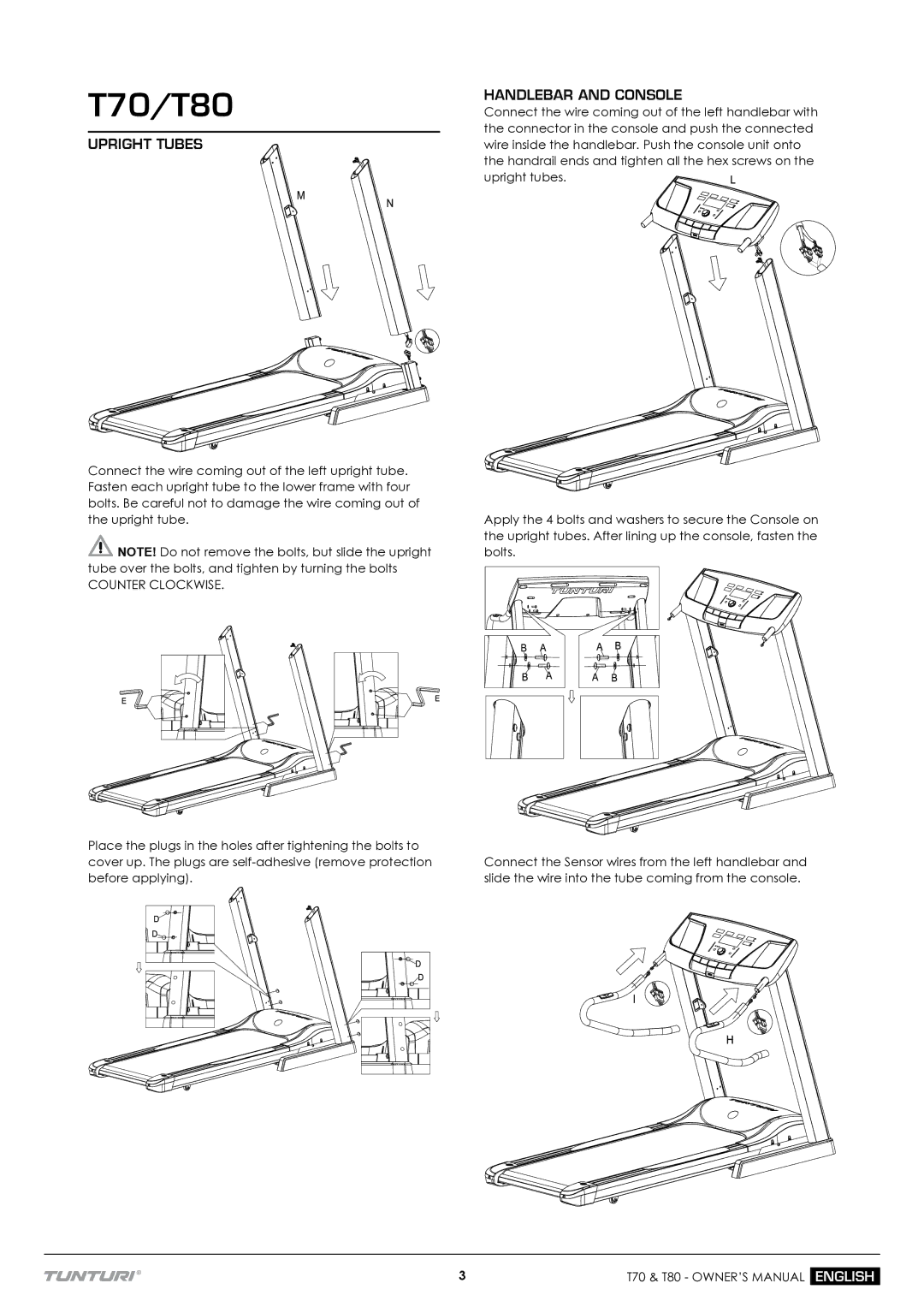 Tunturi owner manual T70/T80, Upright Tubes, Handlebar and Console 