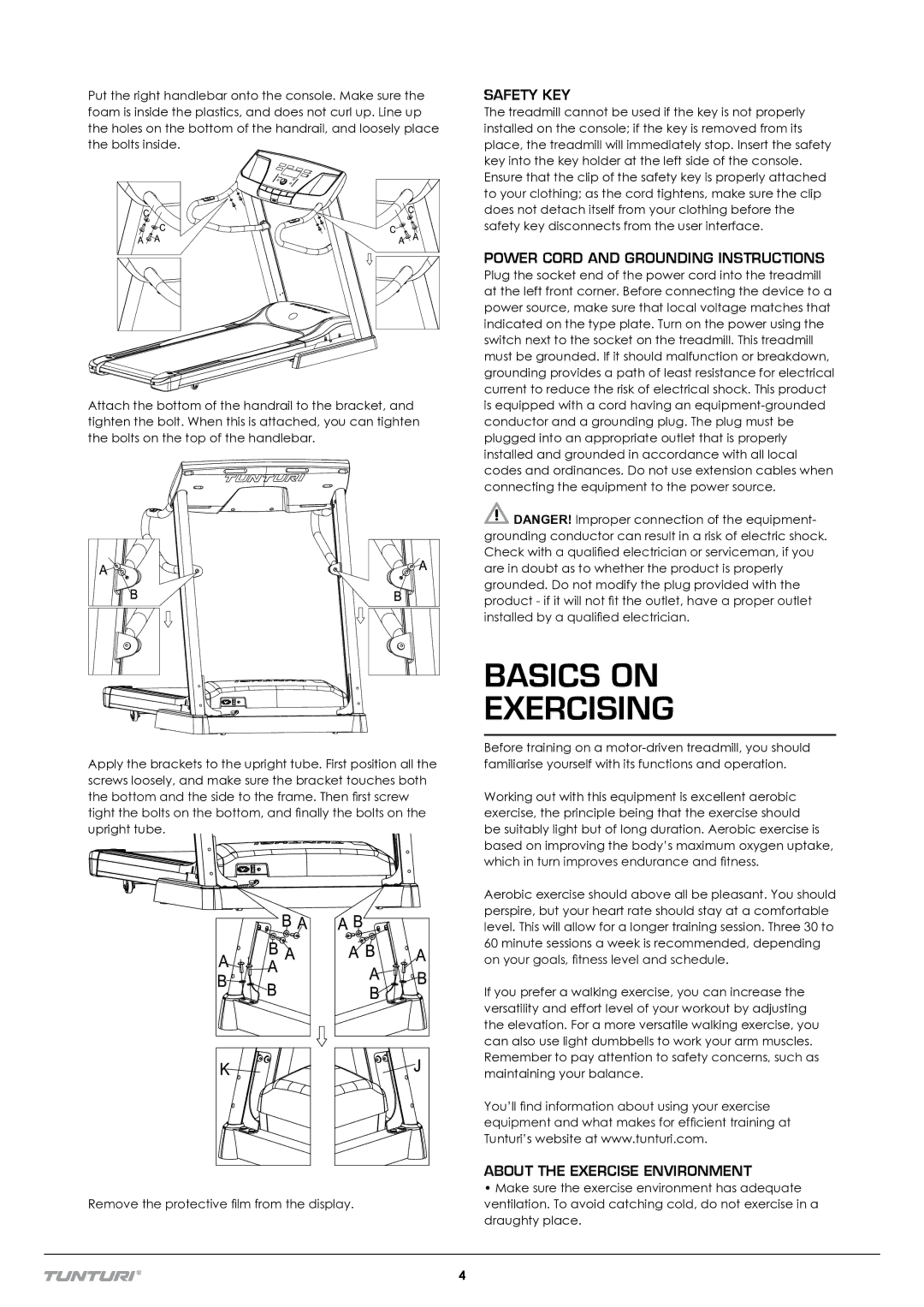 Tunturi T70 Basics on Exercising, Safety KEY, Power Cord and Grounding Instructions, About the Exercise Environment 