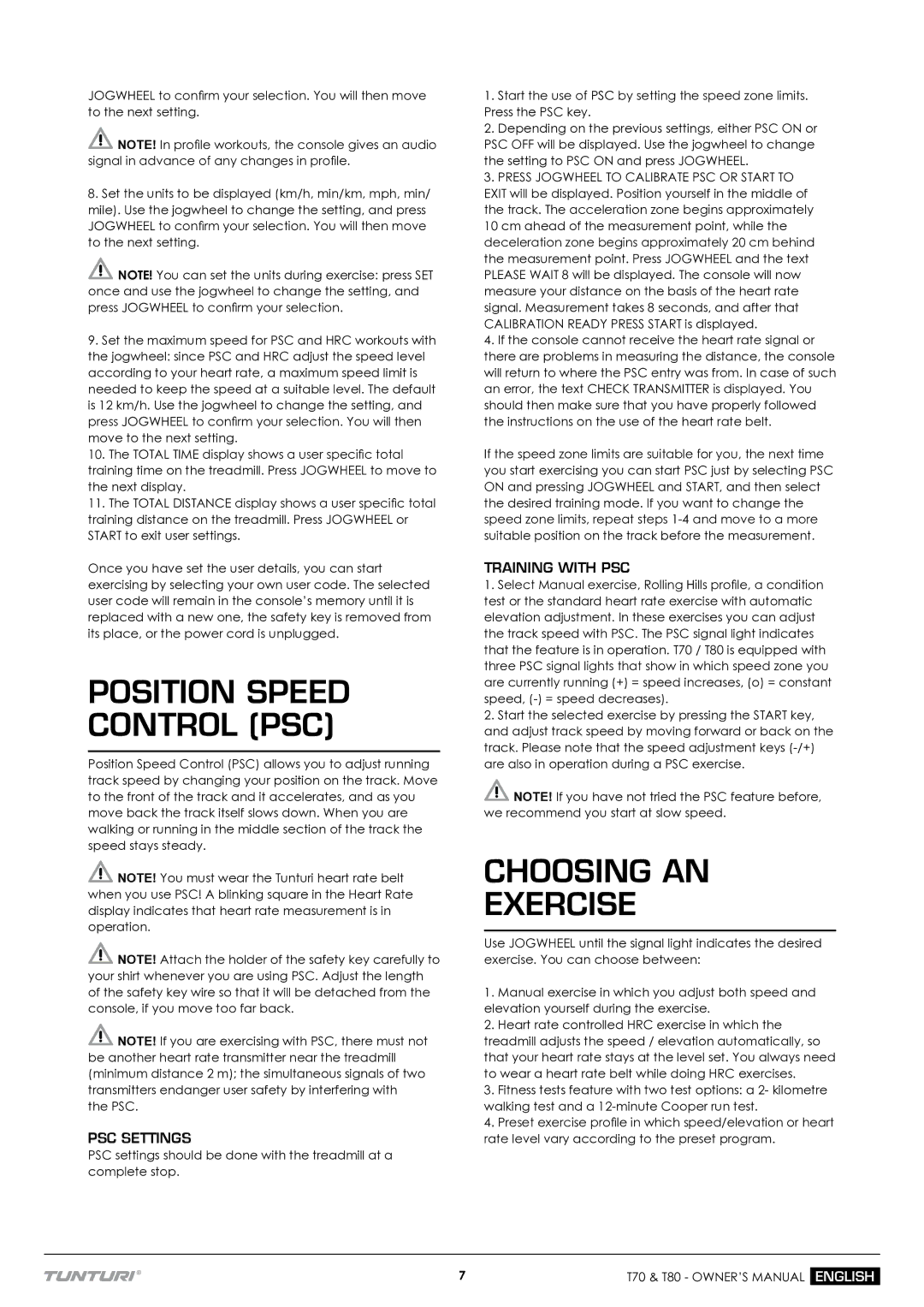 Tunturi T70 owner manual Position Speed Control PSC, Choosing AN Exercise, PSC Settings, Training with PSC 