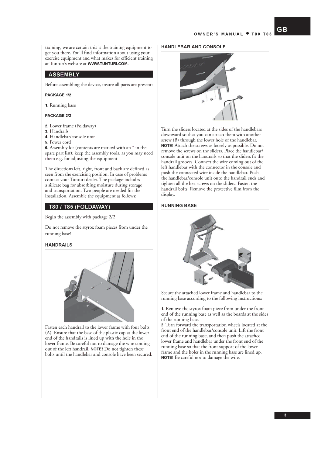 Tunturi T80, T85 owner manual Assembly, Before assembling the device, insure all parts are present, Running base 