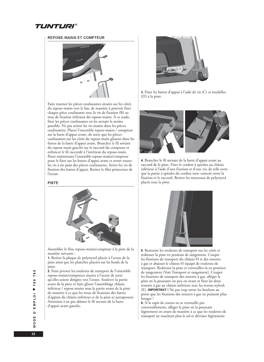 Tunturi T85, T80 owner manual REPOSE-MAINS ET Compteur, Piste 