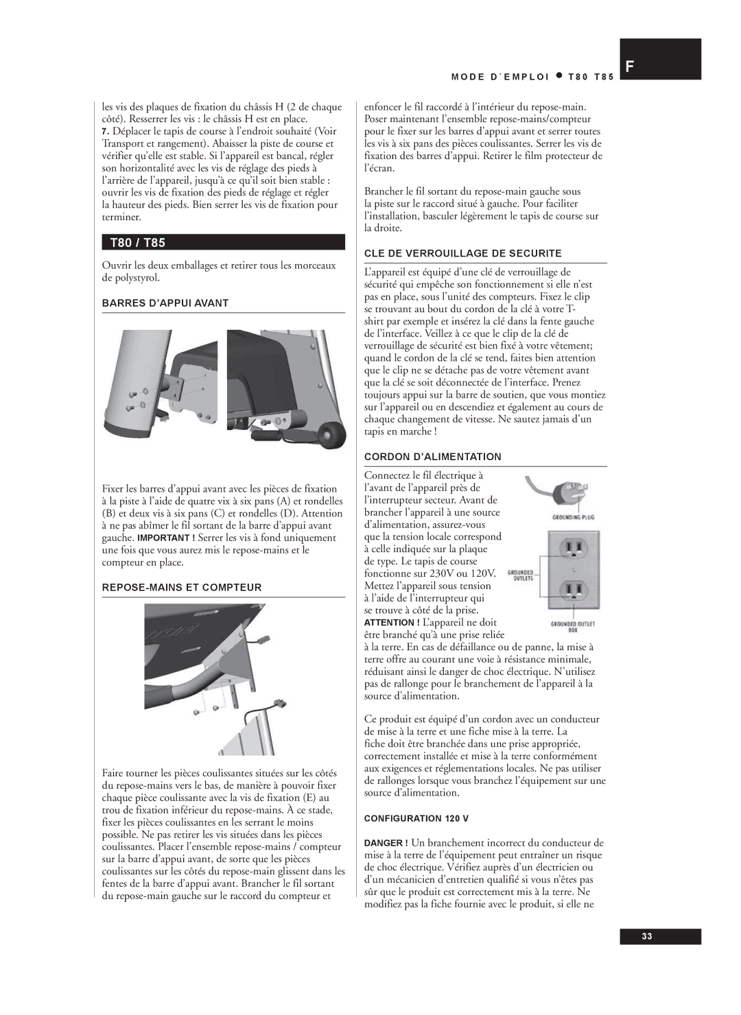 Tunturi T80, T85 owner manual CLE DE Verrouillage DE Securite, Cordon D’ALIMENTATION 