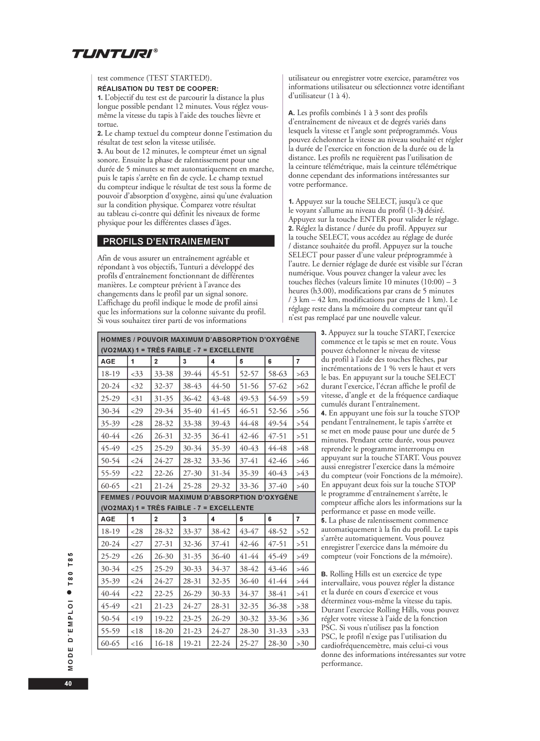 Tunturi T85, T80 owner manual Profils D’ENTRAINEMENT, Test commence Test Started 