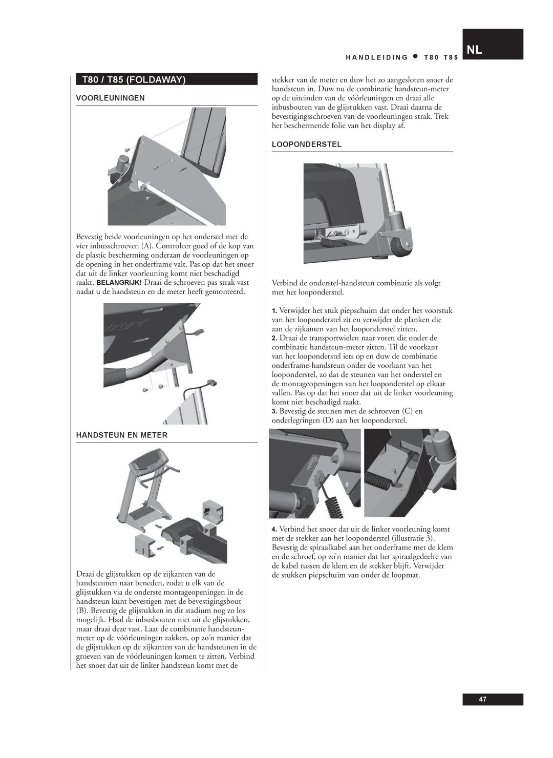 Tunturi T80, T85 owner manual Voorleuningen, Handsteun EN Meter, Looponderstel 