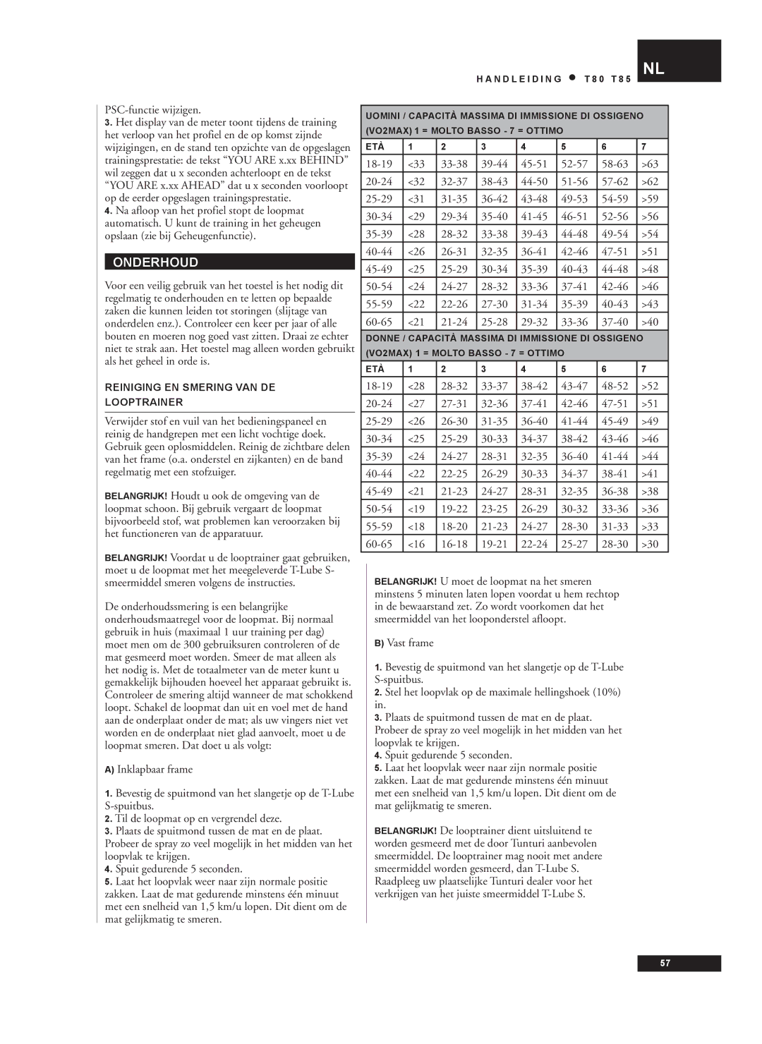 Tunturi T80, T85 owner manual Onderhoud, PSC-functie wijzigen, Reiniging EN Smering VAN DE Looptrainer 