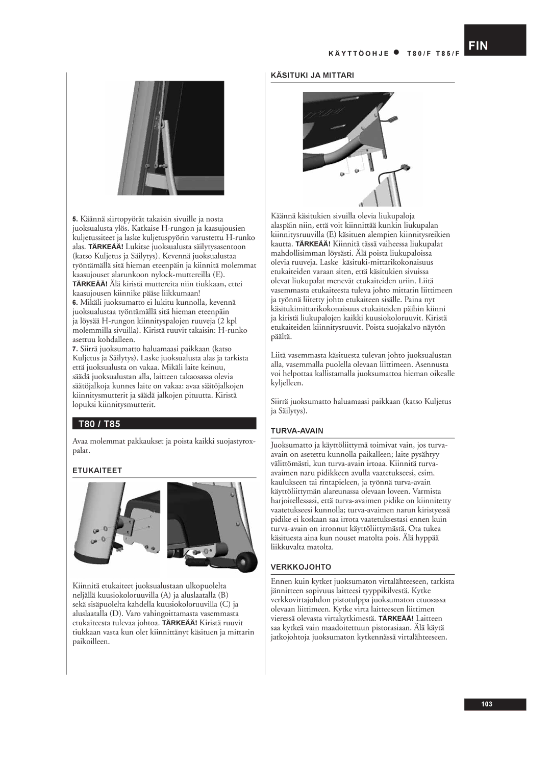 Tunturi T80/F, T85/F owner manual Turva-Avain, Verkkojohto 