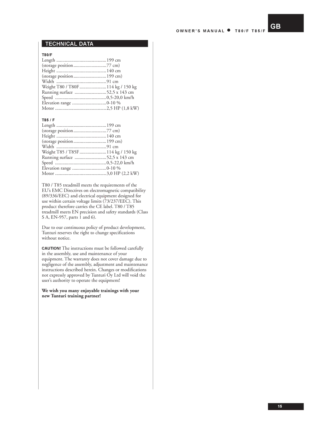 Tunturi T80/F, T85/F owner manual Technical Data 