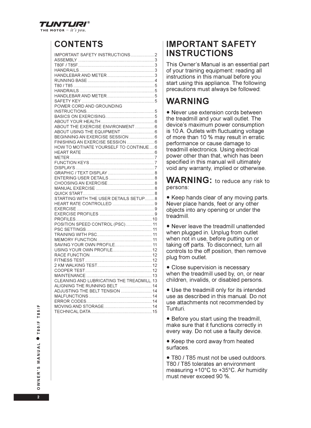 Tunturi T85/F, T80/F owner manual Contents 