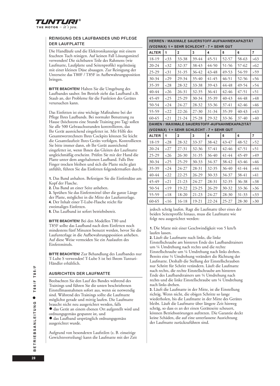 Tunturi T85/F, T80/F owner manual Reinigung DES Laufbandes UND Pflege DER Laufplatte, Ausrichten DER Laufmatte 