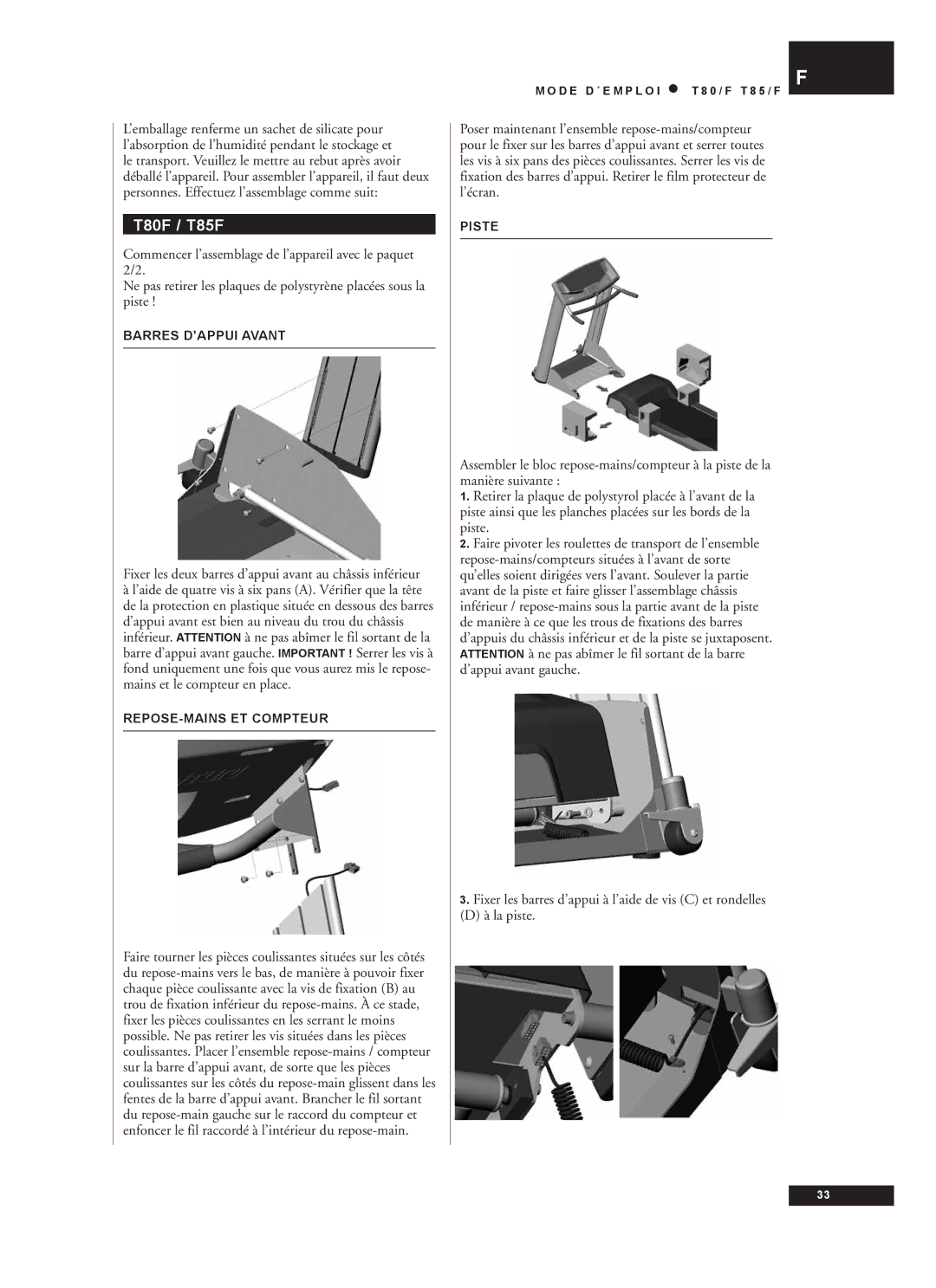 Tunturi T80/F, T85/F owner manual Barres D’APPUI Avant, REPOSE-MAINS ET Compteur, Piste 