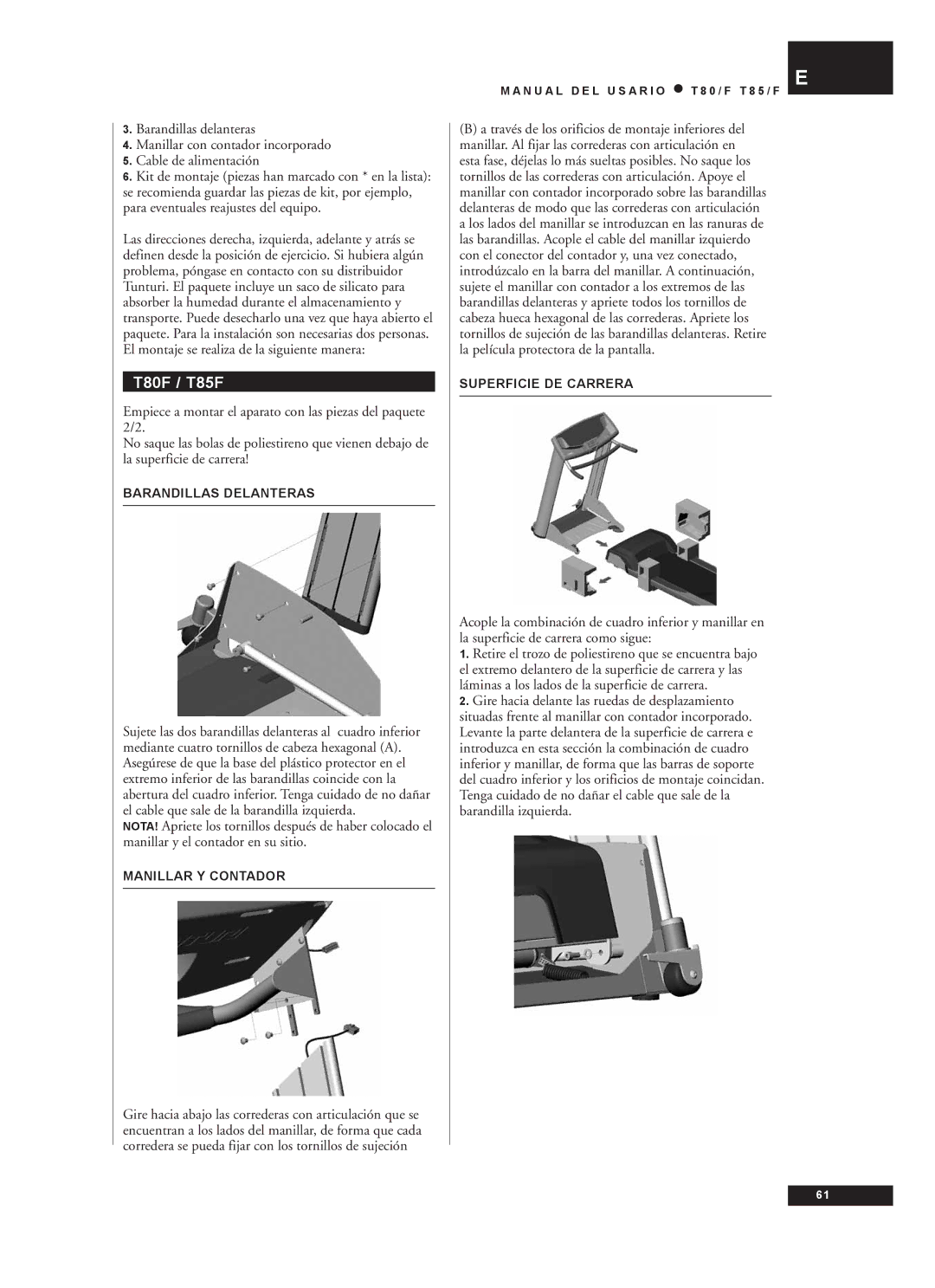Tunturi T80/F, T85/F owner manual Barandillas Delanteras, Manillar Y Contador, Superficie DE Carrera 