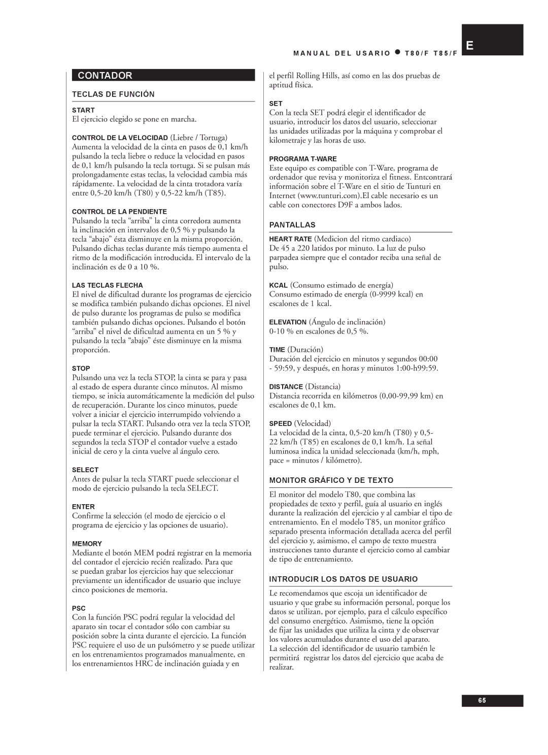 Tunturi T80/F, T85/F owner manual Contador, El ejercicio elegido se pone en marcha 
