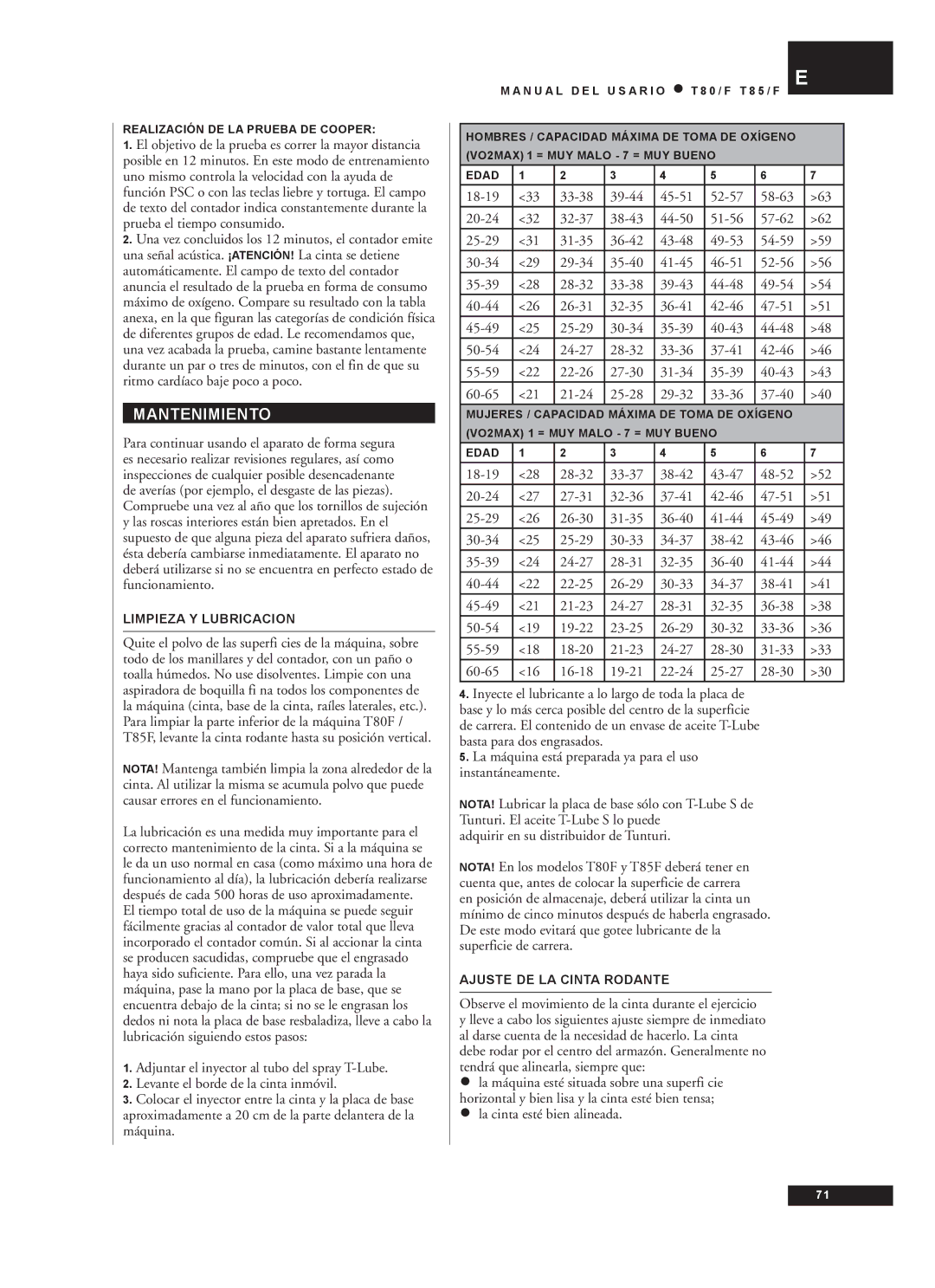 Tunturi T80/F, T85/F Mantenimiento, La cinta esté bien alineada, Limpieza Y Lubricacion, Ajuste DE LA Cinta Rodante 