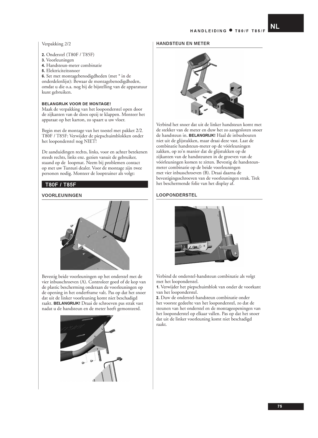 Tunturi T80/F, T85/F owner manual Voorleuningen, Handsteun EN Meter, Looponderstel 