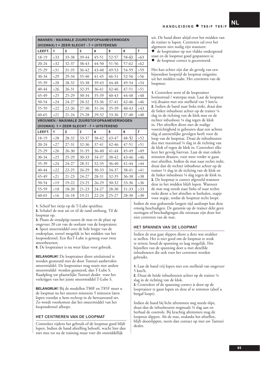 Tunturi T80/F, T85/F owner manual De trainer te lopen. Centreren zal over het, Algemeen niet nodig zijn wanneer 