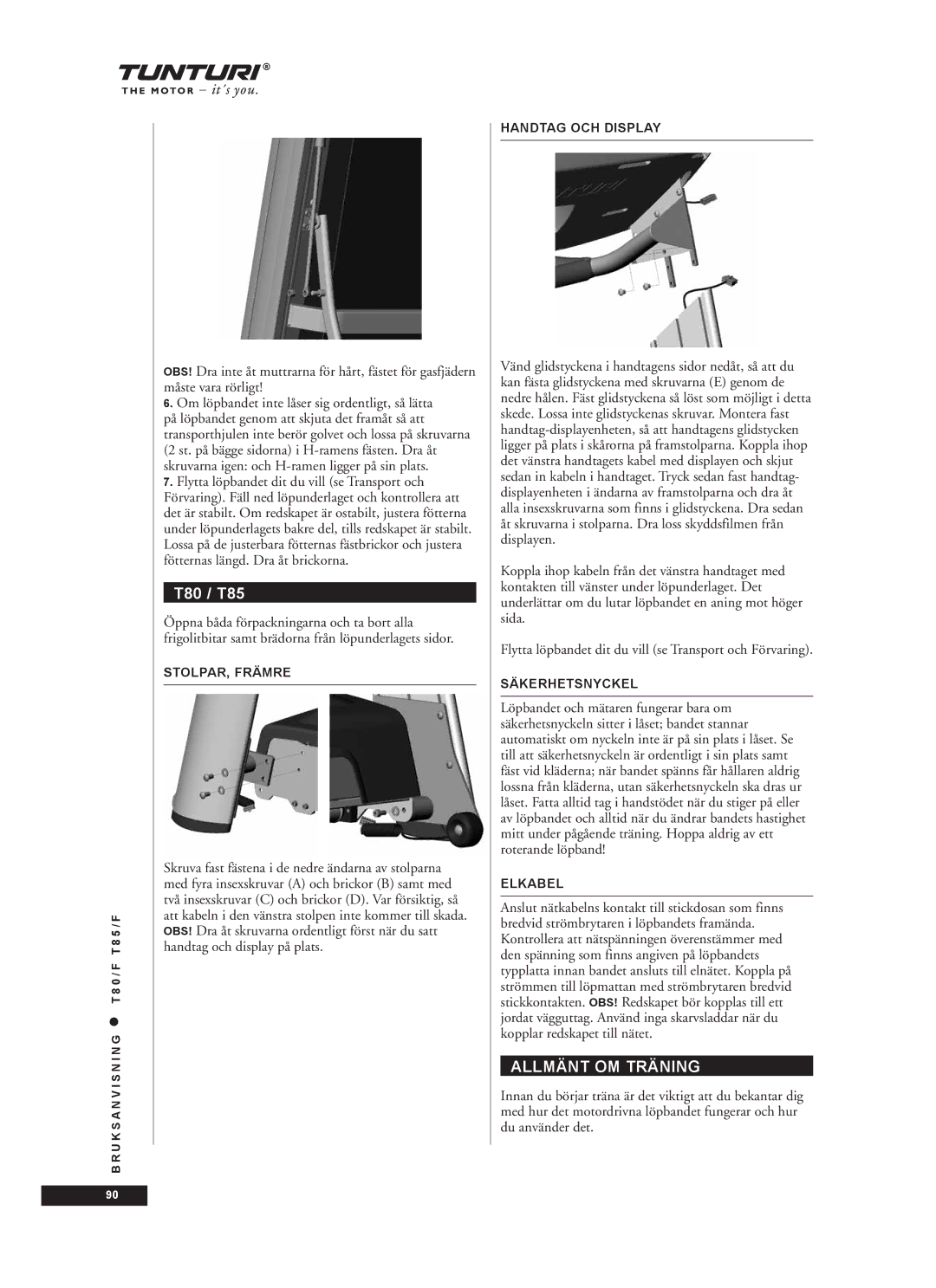 Tunturi T85/F, T80/F owner manual Allmänt OM Träning, STOLPAR, Främre, Säkerhetsnyckel, Elkabel 
