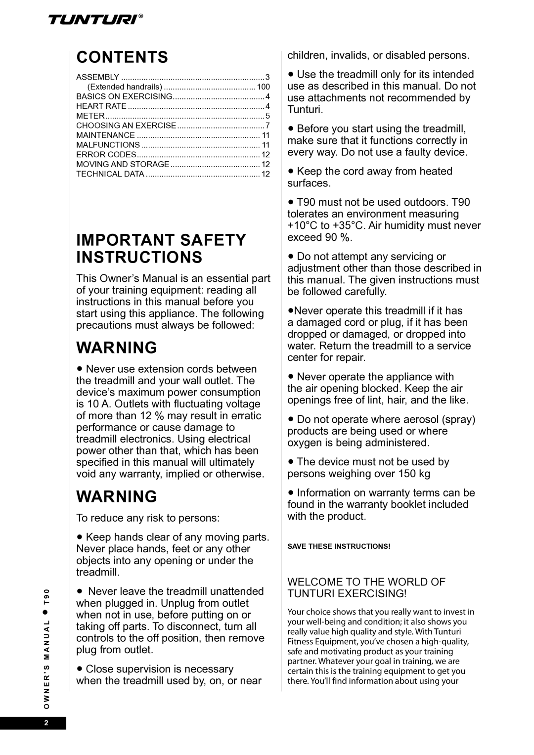 Tunturi T90 Rehab owner manual Important Safety Instructions 