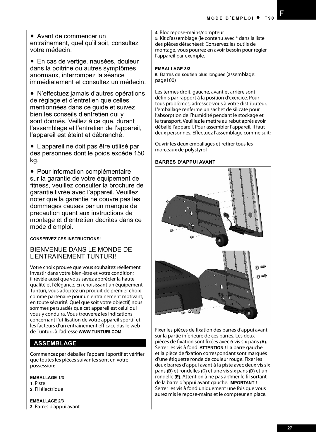 Tunturi T90 Rehab owner manual Assemblage, Piste Fil électrique, Barres d’appui avant, Barres D’APPUI Avant 