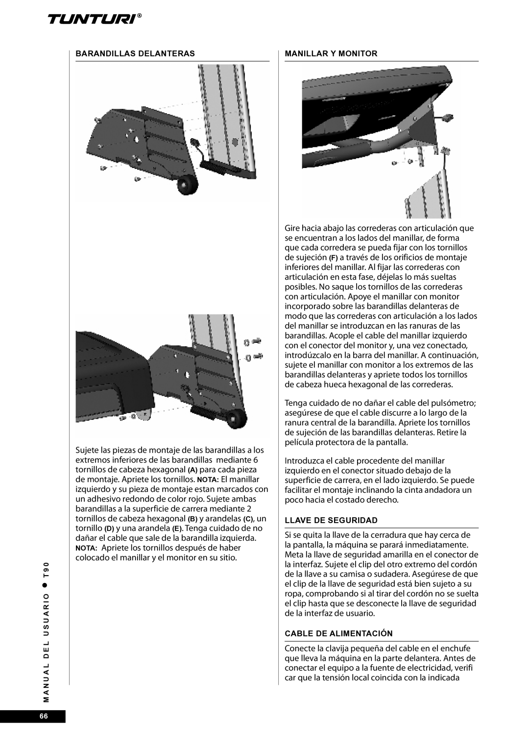 Tunturi T90 Rehab owner manual Barandillas Delanteras, Manillar Y Monitor, Llave de seguridad, Cable de alimentación 