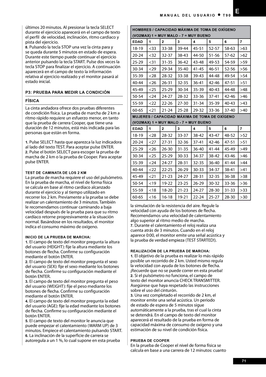 Tunturi T90 Rehab owner manual ¡Recuerde que no se puede correr en esta prueba, P3 Prueba para medir la condición Física 