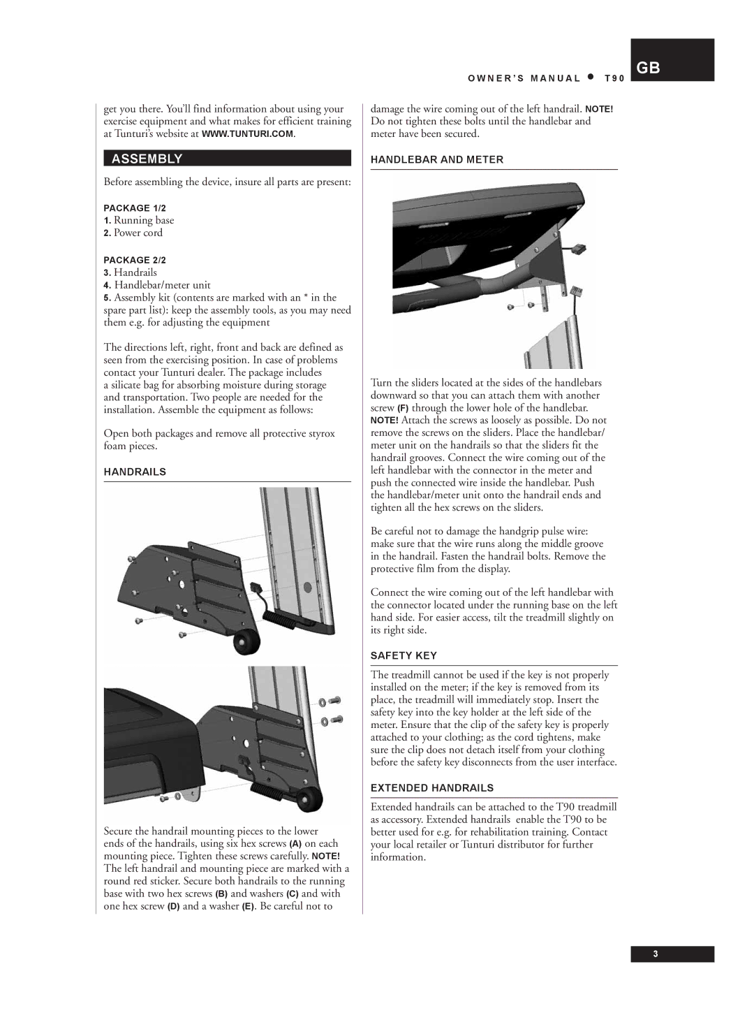 Tunturi T90 owner manual Assembly, Before assembling the device, insure all parts are present, Running base Power cord 