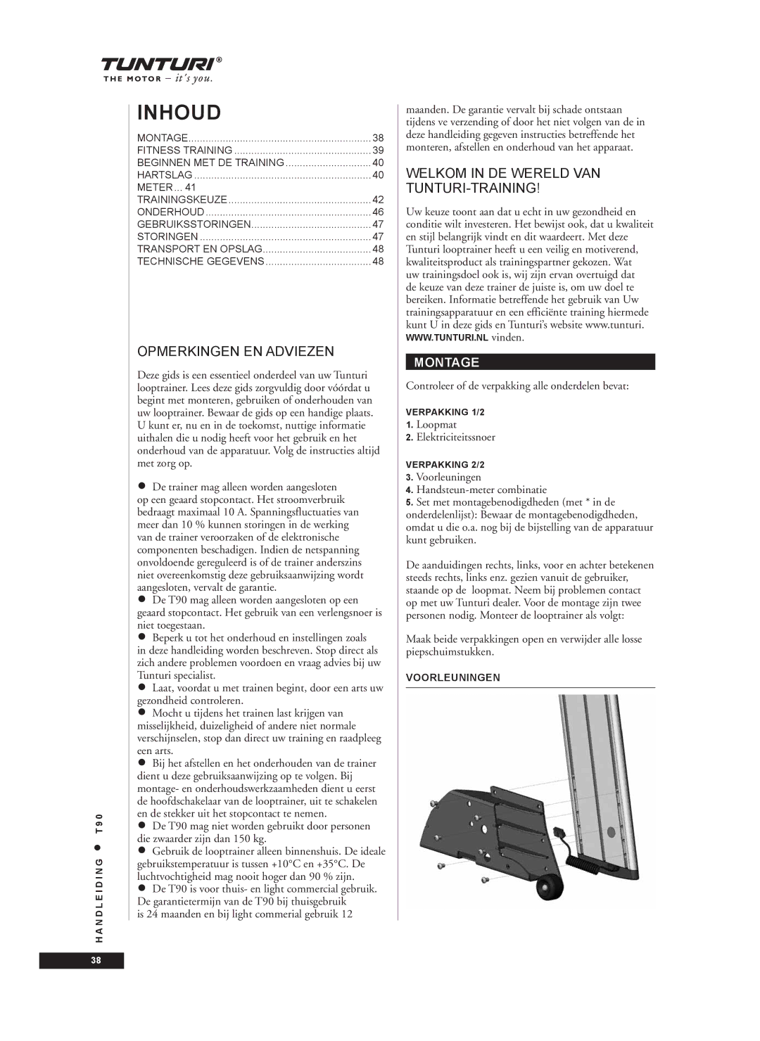 Tunturi T90 owner manual Controleer of de verpakking alle onderdelen bevat, Loopmat Elektriciteitssnoer, Voorleuningen 