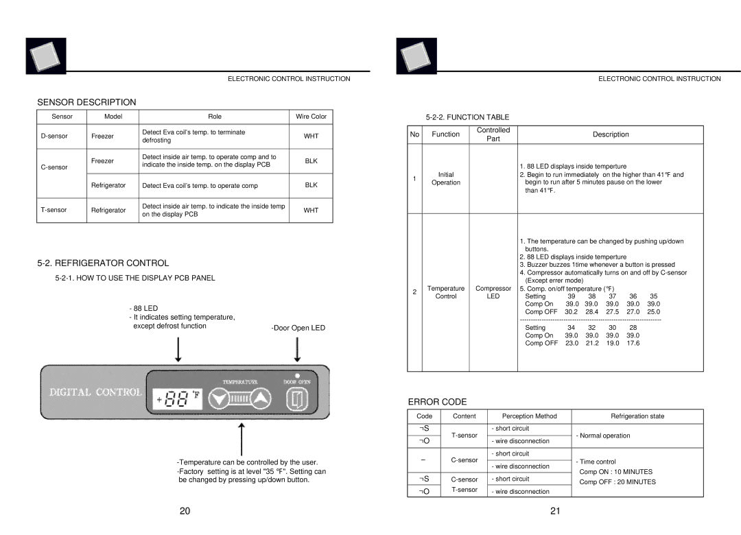 Turbo Air MSF-49NM, MSR-23G-1 manual Sensor Description, Refrigerator Control, Error Code, HOW to USE the Display PCB Panel 