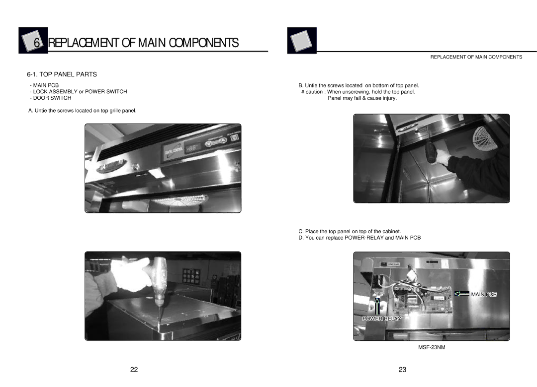 Turbo Air MSR-23G-1, MSR-49N Replacement of Main Components, TOP Panel Parts, Door Switch, Main PCB Power Relay MSF-23NM 