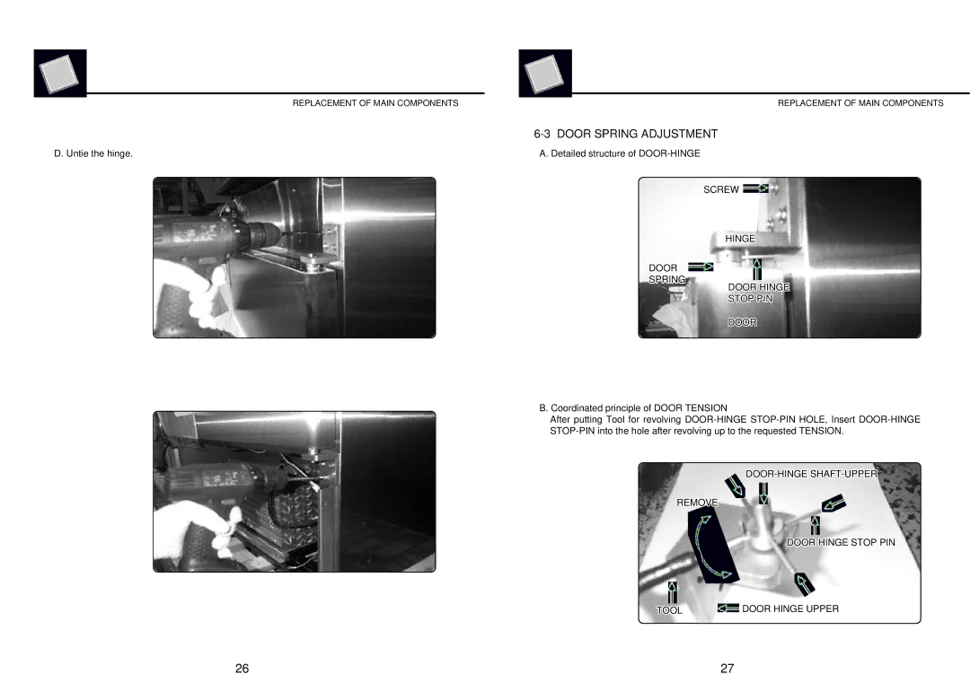 Turbo Air MSR-49G-2, MSR-23G-1, MSR-49N, MSR-23NM manual Door Spring Adjustment, Screw Hinge Door Spring Door Hinge Stop PIN 