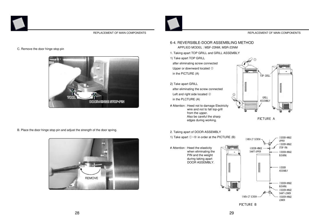 Turbo Air REVERSIBLE-DOOR Assembling Method, Tool DOOR-HINGE STOP-PIN Applied Model MSF-23NM, MSR-23NM, Door Assembly 