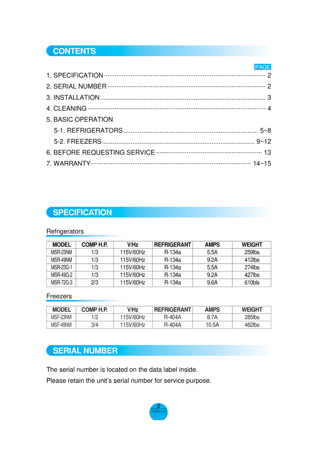 Turbo Air MSR-72G-3, MSR-49NM operation manual Contents 