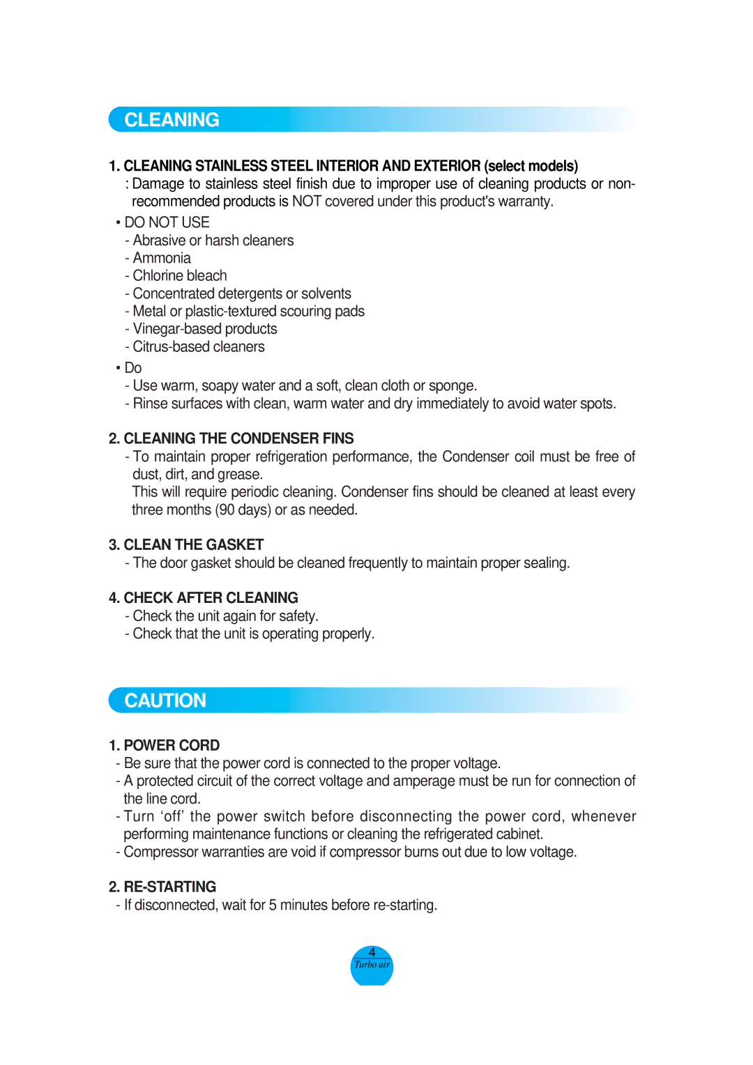 Turbo Air MSR-72G-3, MSR-49NM operation manual Cleaning, Do not USE 