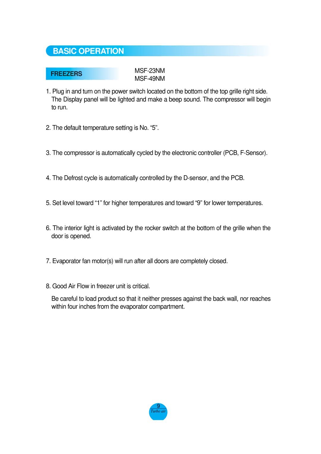 Turbo Air MSR-49NM, MSR-72G-3 operation manual FREEZERSMSF-23NM 