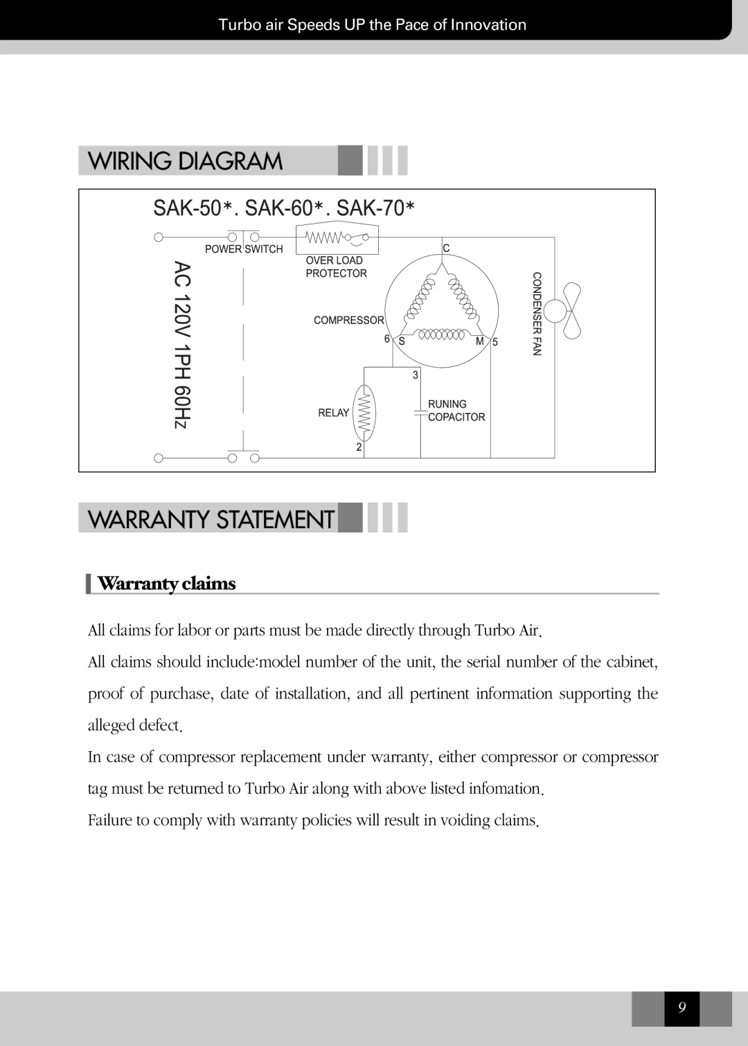 Turbo Air SAK-60, SAK-50, SAK-70 manual Wiring Diagram Warranty Statement 