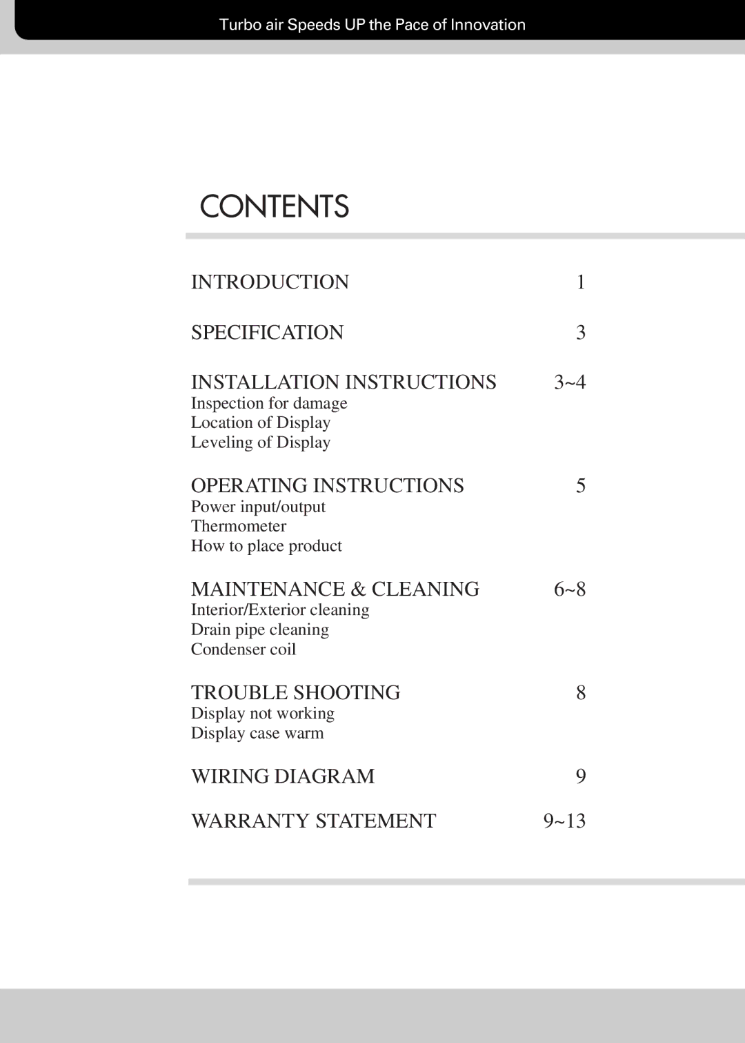 Turbo Air SAK-60, SAK-50, SAK-70 manual Contents 