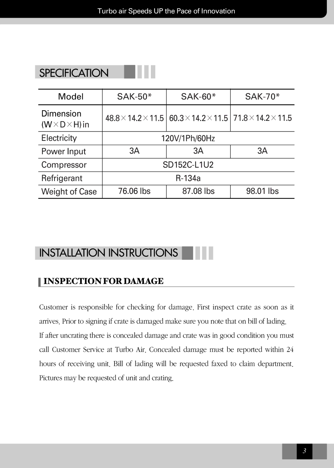 Turbo Air SAK-60, SAK-50, SAK-70 manual Specification, Installation Instructions 