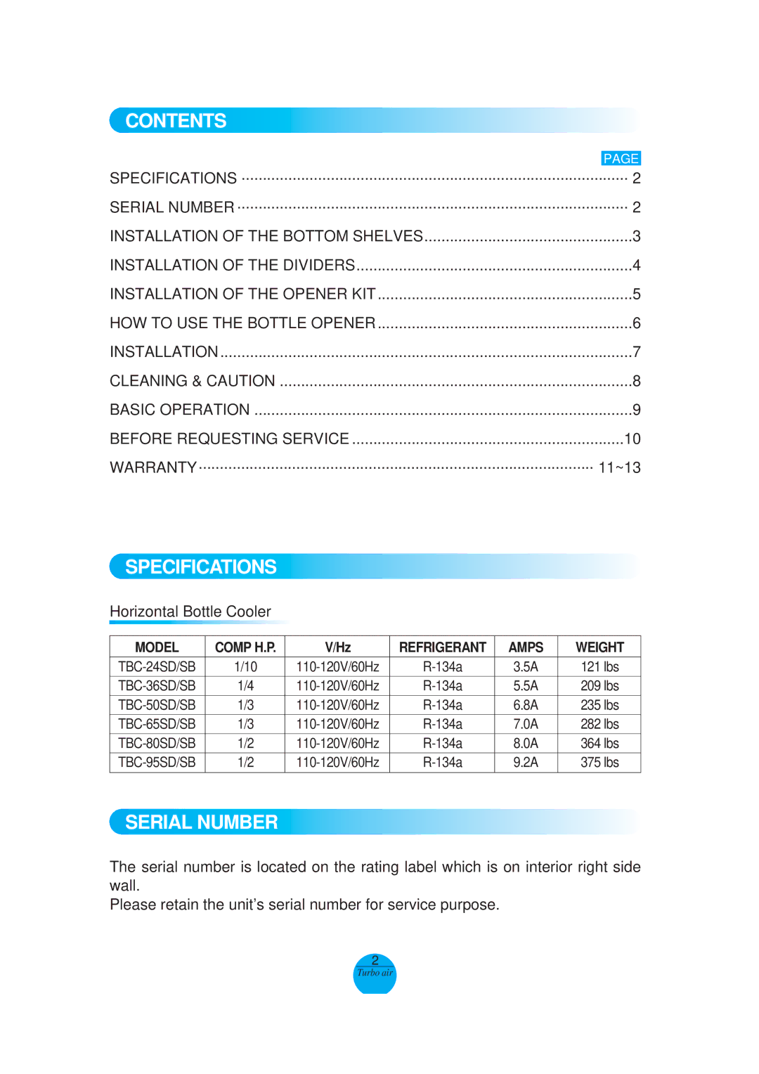 Turbo Air TBC-80SD, 80SB, TBC-24SD, 24SB, TBC-50SD, 50SB, TBC-36SD, 36SB, TBC-65SD, 65SB, TBC-95SD, 95SB Contents 