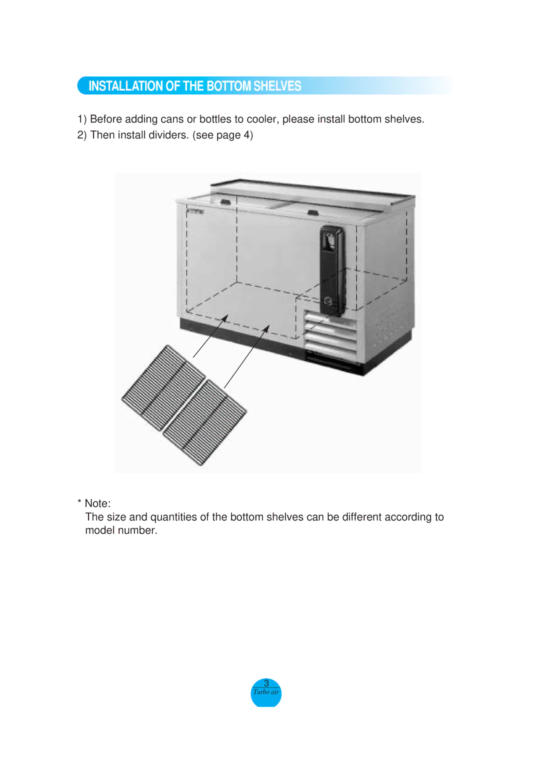 Turbo Air TBC-36SD, 36SB, TBC-24SD, 24SB, TBC-50SD, 50SB, TBC-80SD, 80SB, TBC-65SD, 65SB Installation of the Bottom Shelves 