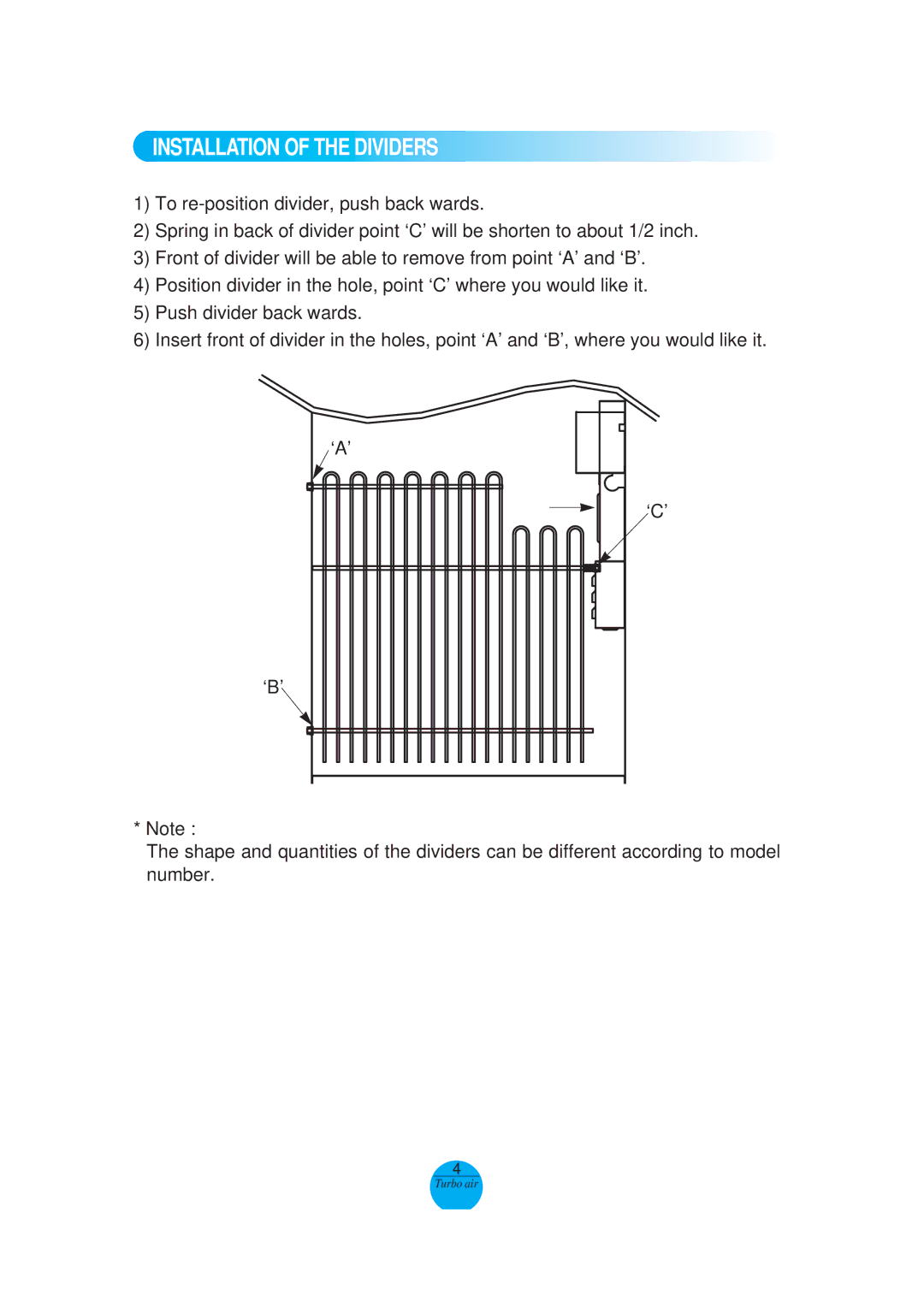 Turbo Air TBC-65SD, 65SB, TBC-24SD, 24SB, TBC-50SD, 50SB, TBC-80SD, 80SB, TBC-36SD, 36SB Installation of the Dividers 