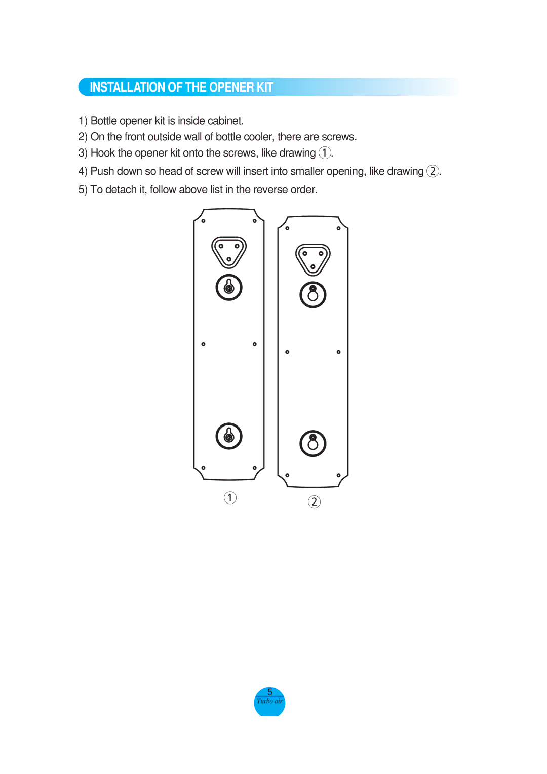 Turbo Air TBC-95SD, 95SB, TBC-24SD, 24SB, TBC-50SD, 50SB, TBC-80SD, 80SB, TBC-36SD, 36SB Installation of the Opener KIT 