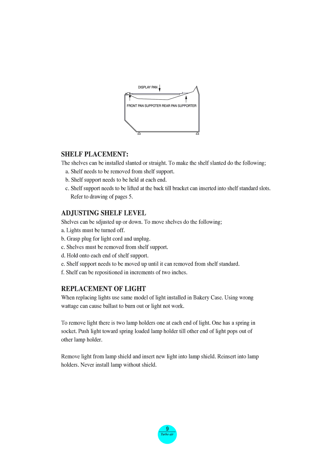 Turbo Air TCB-5R manual Shelf Placement, Adjusting Shelf Level, Replacement of Light 