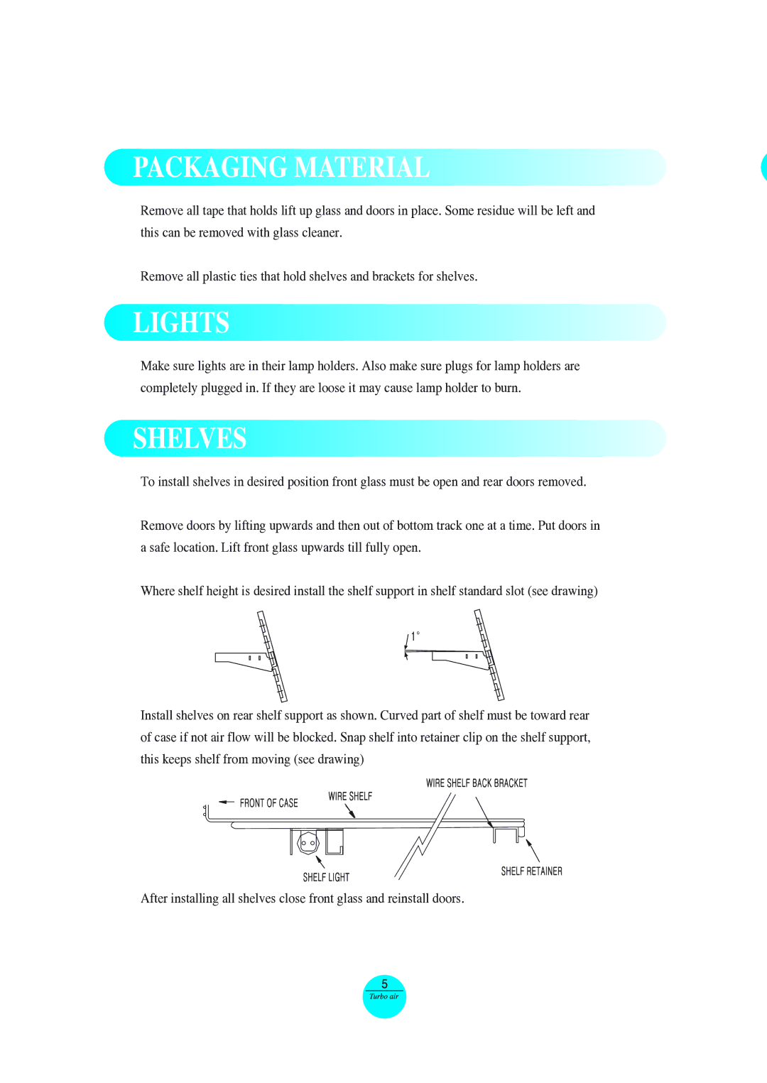 Turbo Air TCB-5R manual Packaging Material, Lights, Shelves 